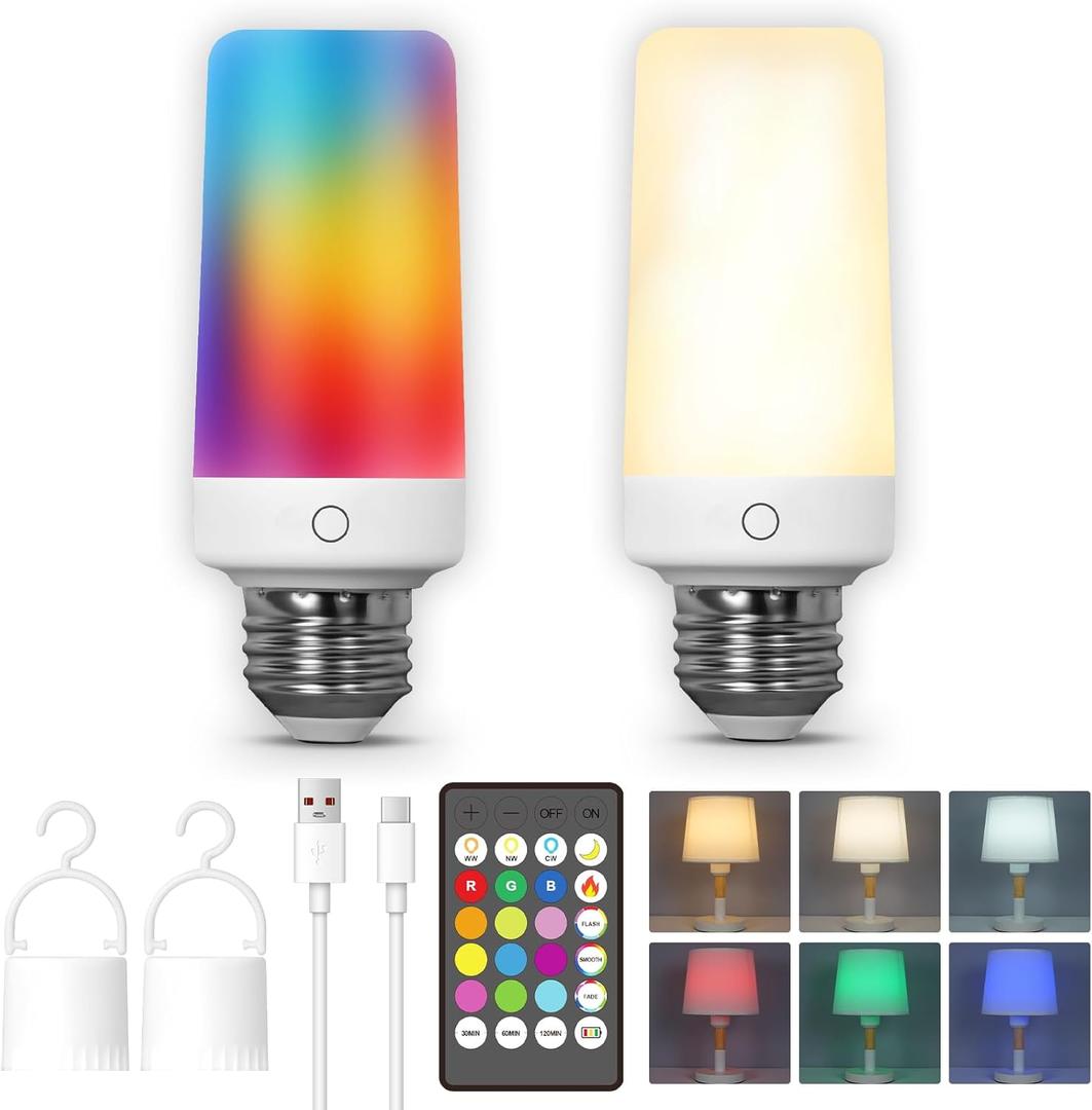 2PK Rechargeable Light Bulbs with Remote, Emergency Battery Operated Light Bulbs with Dual Recharging Ways, Tuned White 12 RGB Colors Optional Timer for Lamp Power Outages Camping Hurricane
