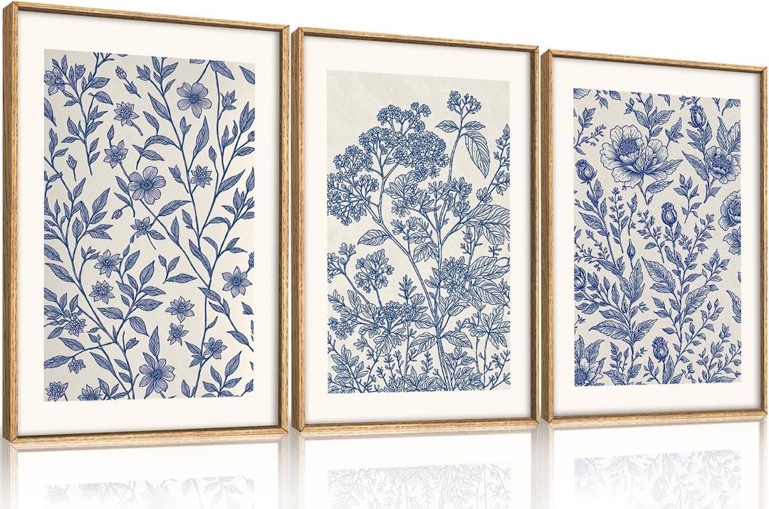 Large Classic Chinoiserie Flower Framed Canvas Wall Art Set,Minimalist Blue and White Floral Wall Decor,Navy Watercolor Botanical Blossom Artwork for Living Room,Bedroom-24 x36 x3
