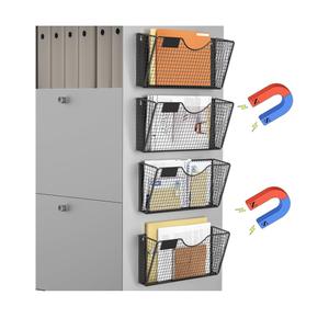 MFTEK Magnetic File Holder, 4 Pockets Magnetic File Folder Holder No Drilling Magnet Paper Mail Organizer Magazine Basket, Hanging Wall Storage Rack for Fridge Cabinets Office Classroom