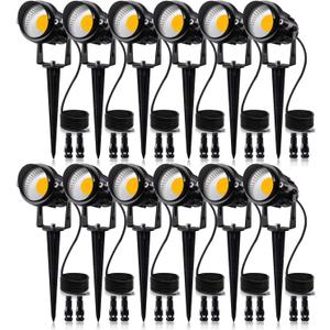 SUNVIE 12W Low Voltage LED Landscape Lights with Connectors, Outdoor 12V Super Warm White (900LM) Waterproof Garden Pathway Lights Wall Tree Flag Spotlights with Spike Stand (12 Pack with Connector)