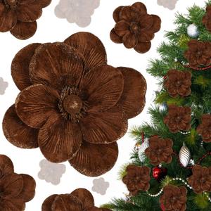 12 Pcs Large Velvet Christmas Poinsettia Magnolia Flowers Ornaments Glitter Big Heads Artificial Magnolia Flowers for Decoration Wedding Decor Supplies(Brown)