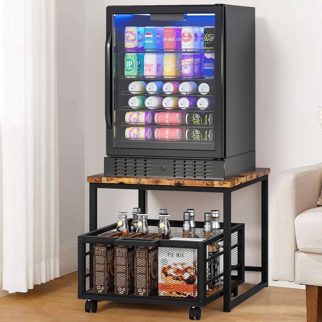 19.7x19.7 inch Mini Fridge Stand with Storage, Small Beverage Refrigerator Table Shelf with Drawer, Drink Wine Fridge Organization Cabinet for Bedroom Office Dorm Apartment (Brown)