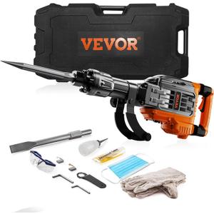 VEVOR 3500W Electric Demolition Hammer, 1900 BPM Durable Jack Hammer, Concrete Breaker with 2 Chisels, Gloves, and a 360 Rotatable Handle for Efficient Trenching, Black