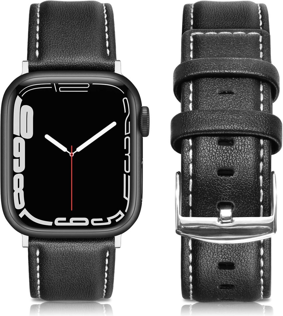 EDIMENS Leather Bands Compatible with Apple Watch 49mm 45mm 42mm 44mm Band Men Women, Vintage Genuine Leather Wristband Replacement Band Compatible for Apple Watch iwatch Series 9 8 7 6 5 4 3 2 1 SE2 (Classic Black Vintage)