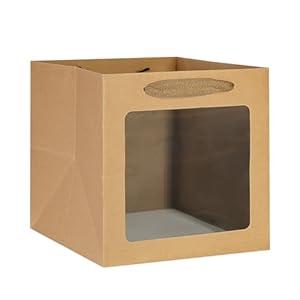 KEYYOOMY Brown Square Kraft Paper Gift Bags with Window- Small Square Bottom Gift Bags with Handles Party Favor Bags for Wedding Party Birthday Christmas (12 CT, 10x10x10 In)