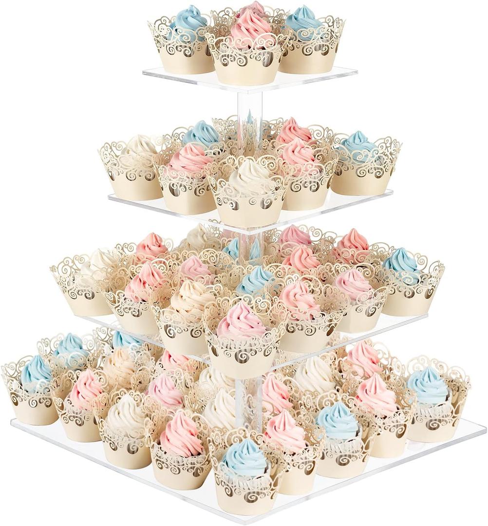 AMEITECH Cupcake Stand with Base, 4-Tier Square Acrylic Cupcake Display Stand Dessert Tower Pastry Stand Premium Cupcake Holder for Wedding Birthday Theme Party - Transparent