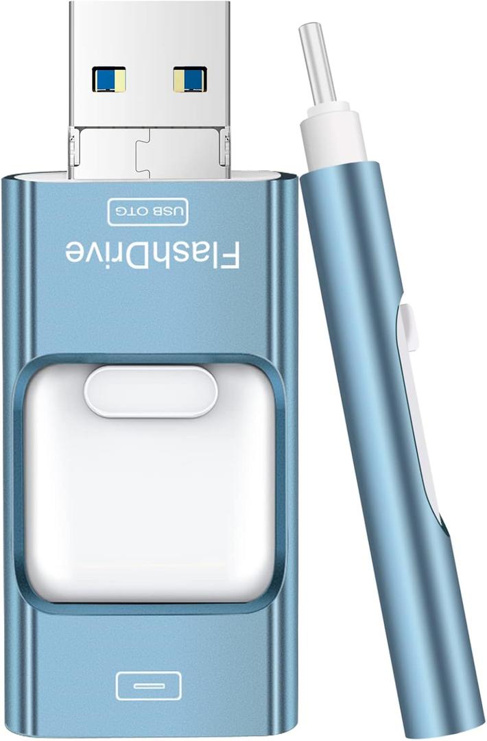 Flash Drive for iPhone 256GB, 4 in 1 USB Type C Memory Stick, Photo Stick External Storage Thumb Drive for iPhone iPad Android Computer, Sky Blue