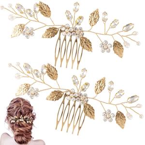 PAGOW 2 Pcs Leaf Hair Combs, Gold Rhinestone Hair Comb Clips, Hair Side Comb Clips, Crystal Wedding Headpiece Accessories For Women, Bride, Bridesmaid (4.90 x 2.58 inch)