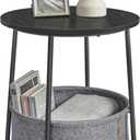 VASAGLE Small Round Side End Table, Modern Nightstand with Fabric Basket, Ebony Black and Slate Gray ULET223B01