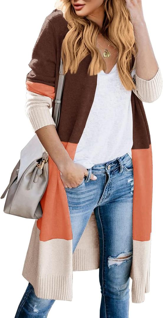 Lovaru Womens Boho Open Front Cardigan Colorblock Long Sleeve Loose Knit Lightweight Sweaters (Small, Z-brown)