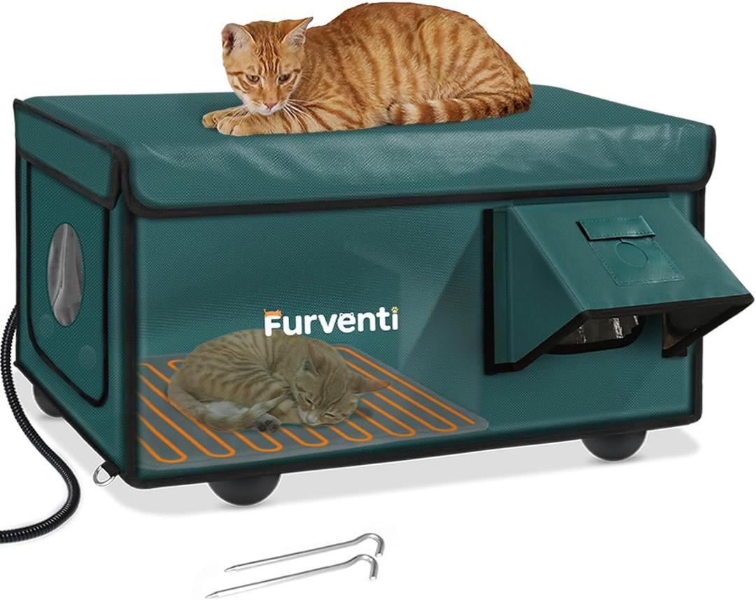Outdoor Heated Cat House in Winter,Extremely Insulated & Weatherproof,Feral Cat Shelter with Waterproof Eaves & Escape Door for Outside Stray Barn Cat (Dark Green,25.6" Lx16.5 Wx13.4 Th)