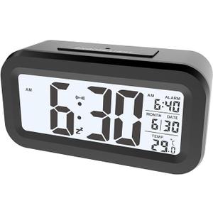 Upgraded Digital Alarm Clock, 4.3" LED Display with Temperature Larger Lound Light Control Portable Snooze Calendar Brightness with Battery Powered Alarm Clocks Bedside for Everyone (Black)