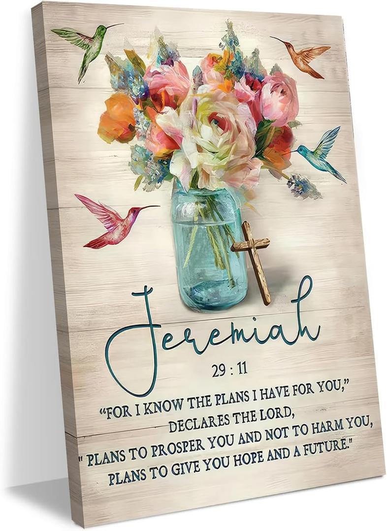 Framed Jeremiah 29:11 Bible Verse Wall Art Christian Floral Poster with Hummingbirds and Cross Scripture Canvas Painting Prints Faith Religious Picture Dcor for Bedroom Living Room 12x16Inches