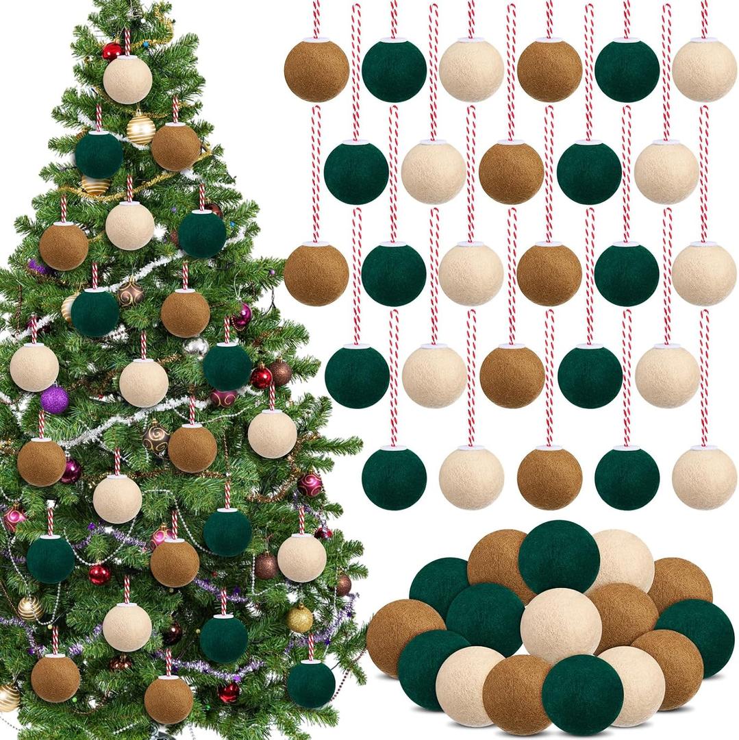 SmoothNovelty 36 Pcs Christmas Felt Ball Ornaments Mini Wool Felt Balls 1.57 Inch Christmas Tree Hanging Decorations Brown Green Beige Pompom Decoration DIY