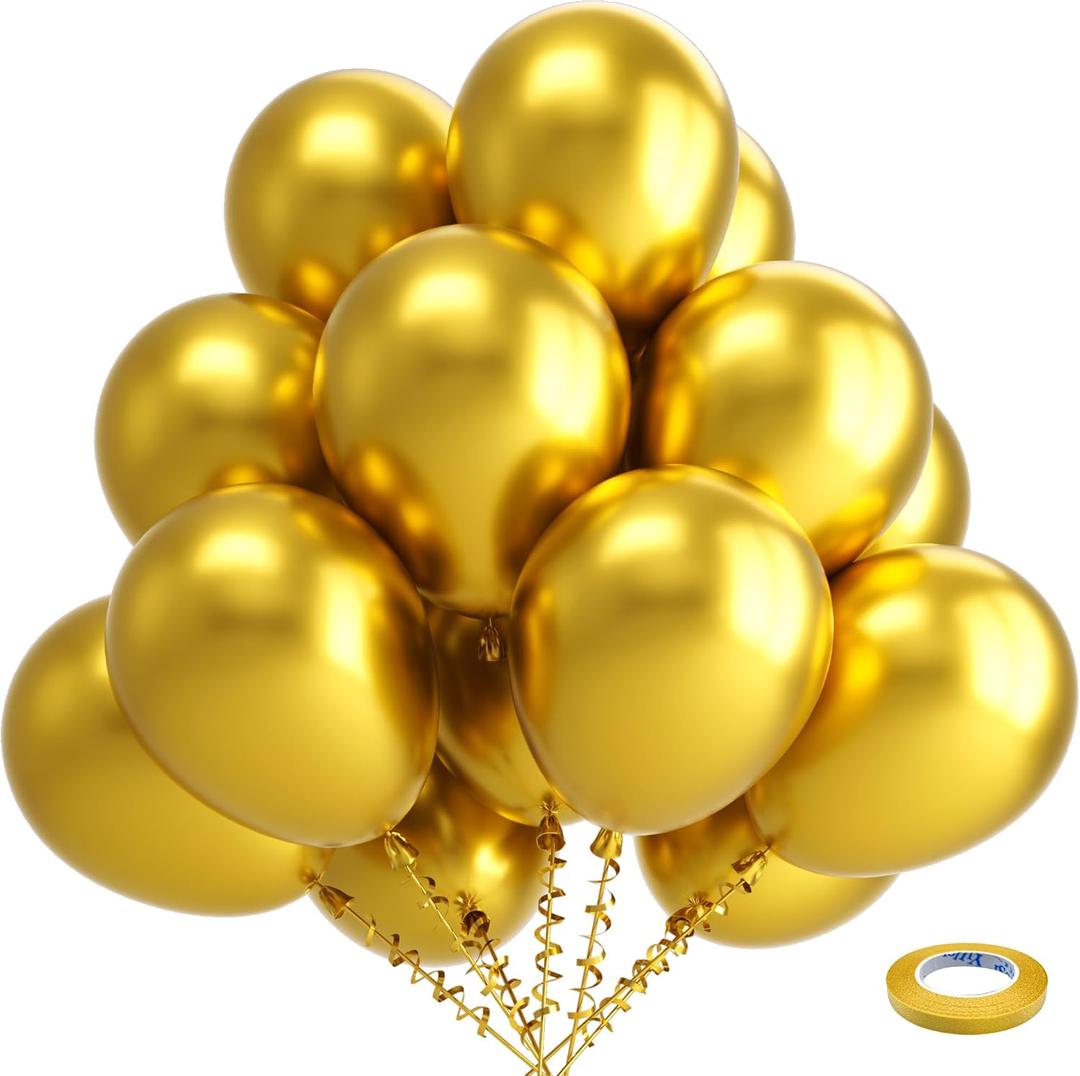Bezente Gold Metallic Chrome Latex Balloons, 100 Pack 12 inch Gold Round Helium Balloons for Christmas Anniversary New Years Bridal Shower Graduation Golden Birthday Party Decorations 2026