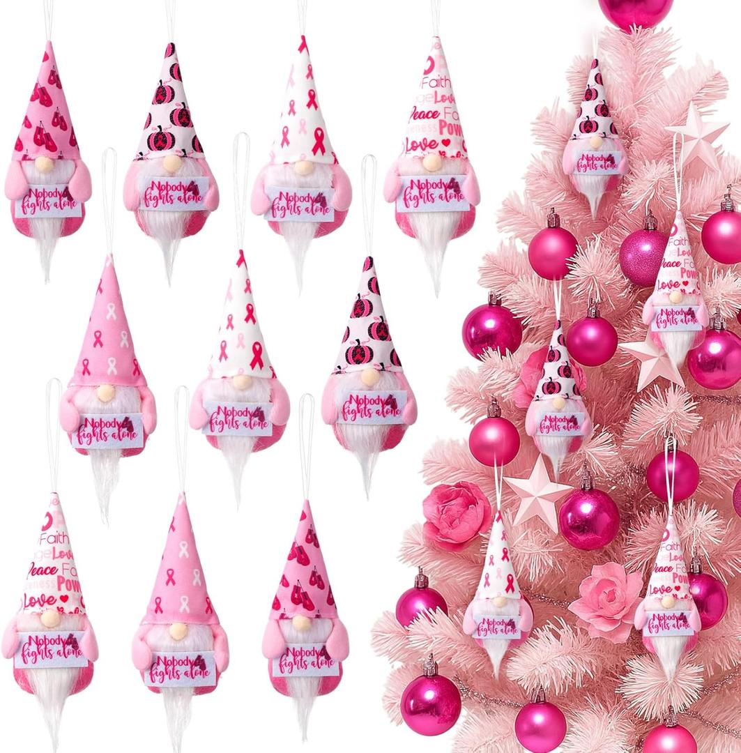 20 Pcs Breast Cancer Christmas Ornaments for Tree Pink Ribbon Inspirational Nobody Fights Alone Plush Gnomes for Woman Home Xmas Tree Hanging Decoration Hope Encouragement Care Gifts