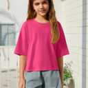 ZDC Girls T Shirts Short Half Sleeve Crew Neck Drop Shoulder Loose Fit Summer Crop Tops 5-14 Years (Pink)