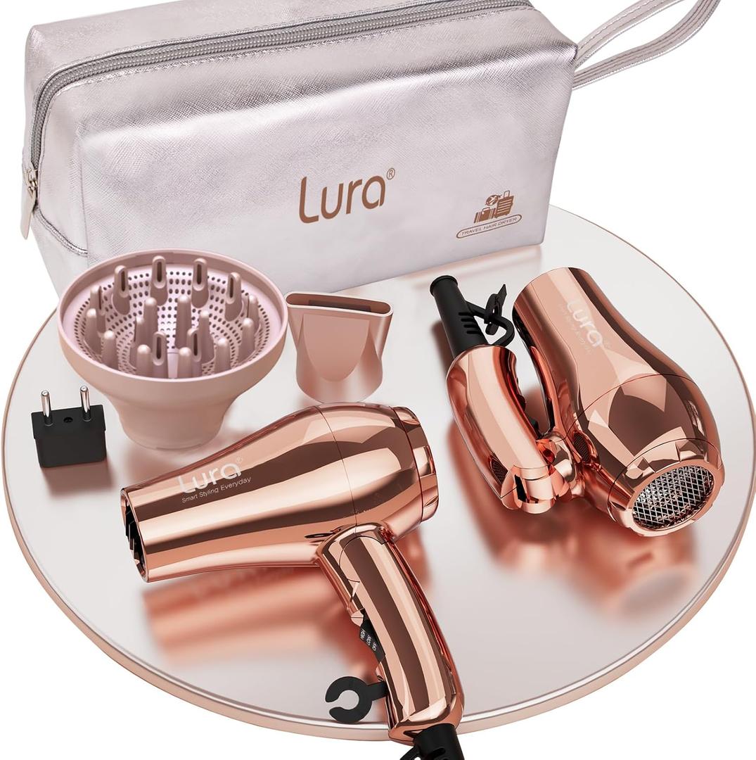 LURA Mini Portable Travel Hair Dryer:Dual Voltage Small Lightweight Blow Dryer with EU Plug,1200W Compact Hairdryer with Folding Handle,with Concentrator&Diffuser Attachment,for Women and Men (Rose Gold)