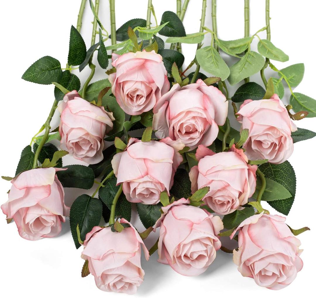 Flojery 10pcs Artificial Rose Flowers Long Stem Fake Silk Roses for DIY Wedding Bouquet Table Centerpiece Home Decor (Light Pink)