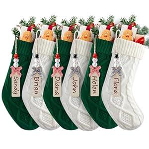 Personalized Christmas Stockings - 18 Inches Hanging Stockings with DIY Snowman Name Tags, 6 Pack Large Size Knitted Stockings for Mantels, Christmas Tree Family Holiday Decor, Green and White