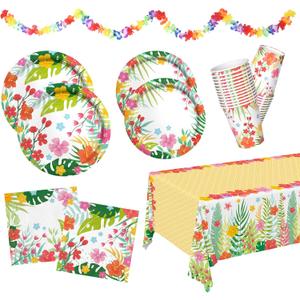 2 x Tropical Luau Party Supplies Kit for 25 - Aloha Hawaiian Party Decorations with Disposable Paper Plates, Napkins, Cups, Tablecloth, and Banner | BBQs & Summer party