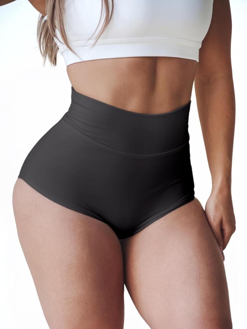 Booty Shorts for Women High Waist Butt Lifting Spandex Biker Yoga Gym Dance Hot Pants Rave Outfits (Small, Ivory Black)