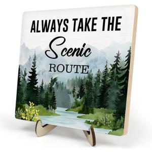 Inspirational Wooden Sign -Always Take The Scenic Route - Positive Reminder - Motivational Wood Plaque With A Support Frame - Home & Office Inspirational Gifts For Women,Men Desk Decor & Accessories 5.9x5.9Inch