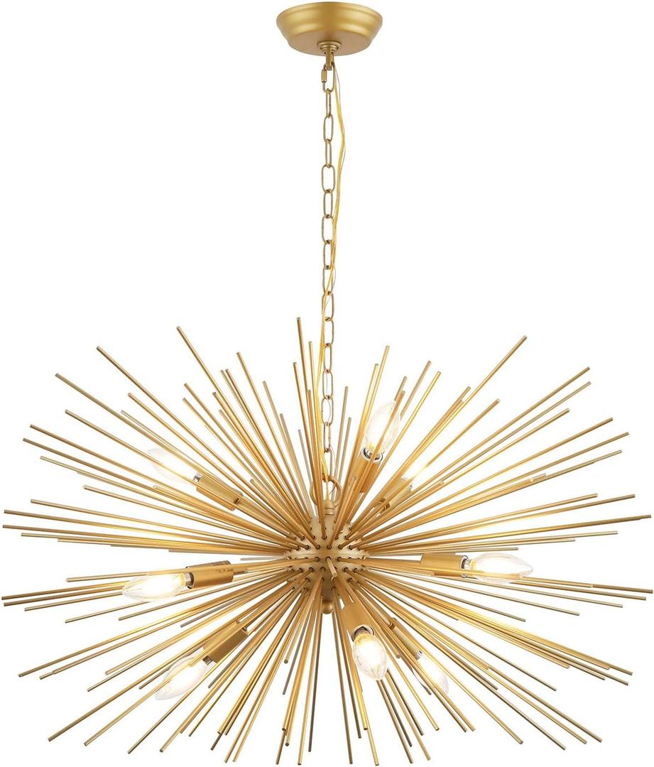 Gold Sputnik Chandelier Modern 9-Light Starburst Chandeliers Light Fixture Solid Metal Mid-Century Firework Chandelier for Dining Room, Kitchen, Bedroom, Living Room, Entryway, E12