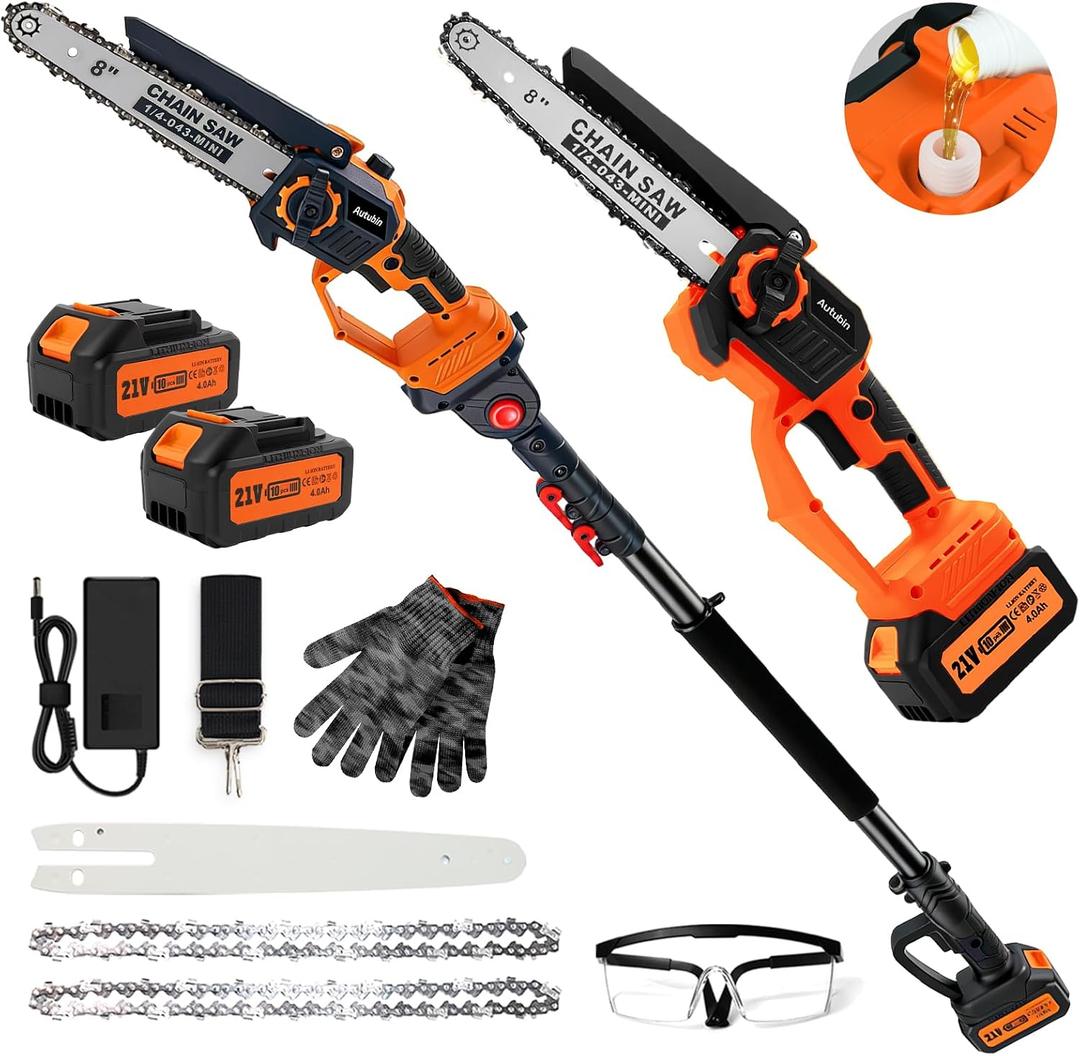 Autubin 2-in-1 Electric Pole Saw for Tree Trimming,1200W Brushless Cordless Pole Saw & 8 Inch Mini Chainsaw with 2 x 4.0Ah 21V Batteries,16 FT Max Reach & Multi-Angle, Tree Trimmer for Branch Cutting.