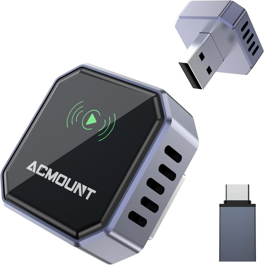 Acmount 2 in 1 Wireless Carplay Adapter & Android Auto 2026 Upgrade Wired CarPlay to Wireless, Fast Auto-Connect, Mini USB Design, Plug & Play CarPlay Wireless Dongle for iPhone 6+ / Android 11+
