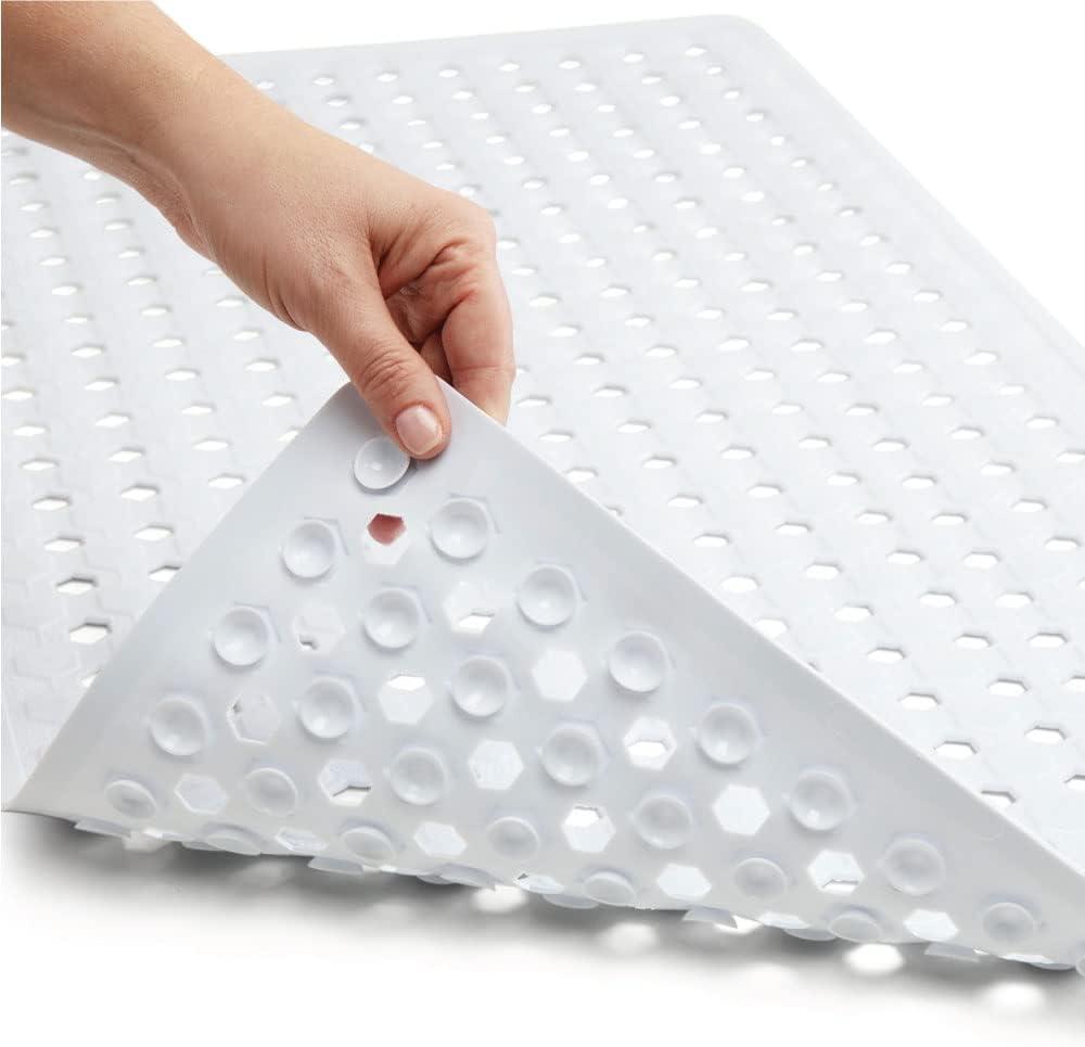 GORILLA Grip Patented Bath Tub Shower Mat, Machine Washable Bathtub Floor Liner Mats, Suction Cups and Drain Holes to Keep Tubs Clean, Soft on Feet, Bathroom Essentials, 35x16 Inch, White (White (Opaque))