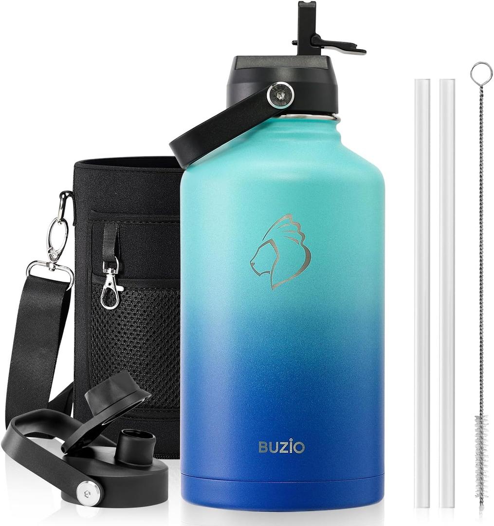 BUZIO Vacuum Insulated Stainless Steel Water Bottle 64oz (Cold for 48 Hrs/Hot for 24 Hrs) BPA Free Double Wall Travel Mug/Flask for Outdoor Sports Hiking, Cycling, Cam,Camping, Running, Pacific Dream (Caribbean Blue)