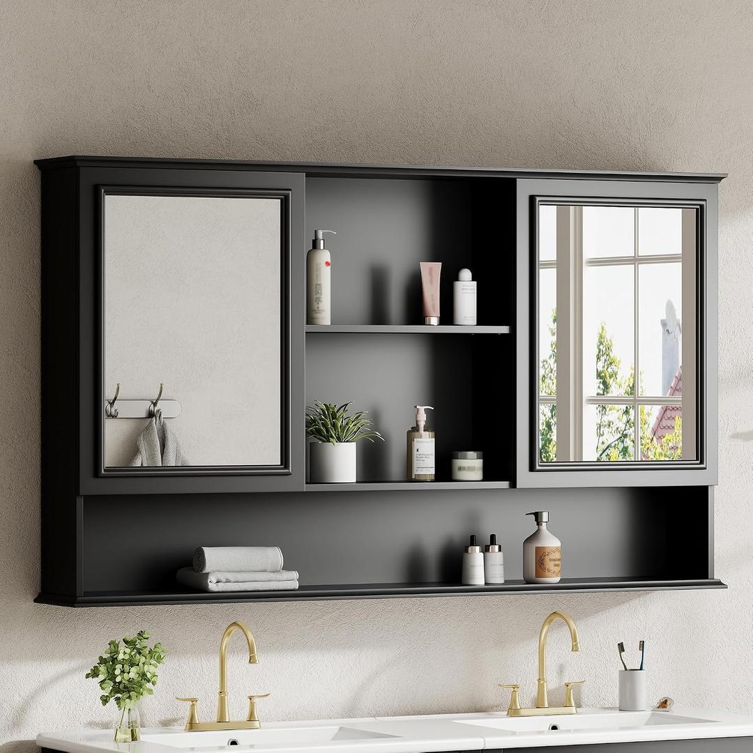 Merax 60x35 Inch Medicine Cabinet with Mirror, Wall-Mounted Wood Bathroom Storage Cabinet with Adjustable Shelf and 2 Doors for Laundry Kitchen, Black