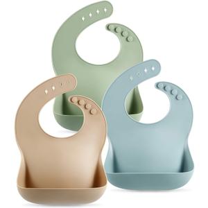 PandaEar Set of 3 Silicone Baby Bibs Waterproof, Soft, Unisex, 10-72 Months (Brown/Blue/Green)