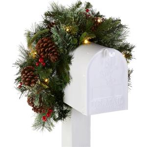 National Tree Company 36 in Pre-Lit Colonial Fir Artificial Christmas Mailbox Swag, Christmas Decoration with Red Berries, Pinecones, 15 Clear LED Lights, 120 Tips, Timer, Green