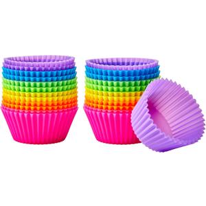 Amazon Basics Reusable Non-Stick Silicone Baking Cups, BPA Free, Dishwasher Safe, Easy to Remove, Food Grade, Oven Safe, 2.9 x 2.9 x 1.3 in (LxWxH), Multicolor, 24-Pack