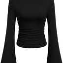 PRETTYGARDEN Women's Long Sleeve Shirts 2025 Fall Crop Going Out Tops Casual Boat Neck Bell Sleeve Ribbed Ruched Y2K Clothes, Black, M