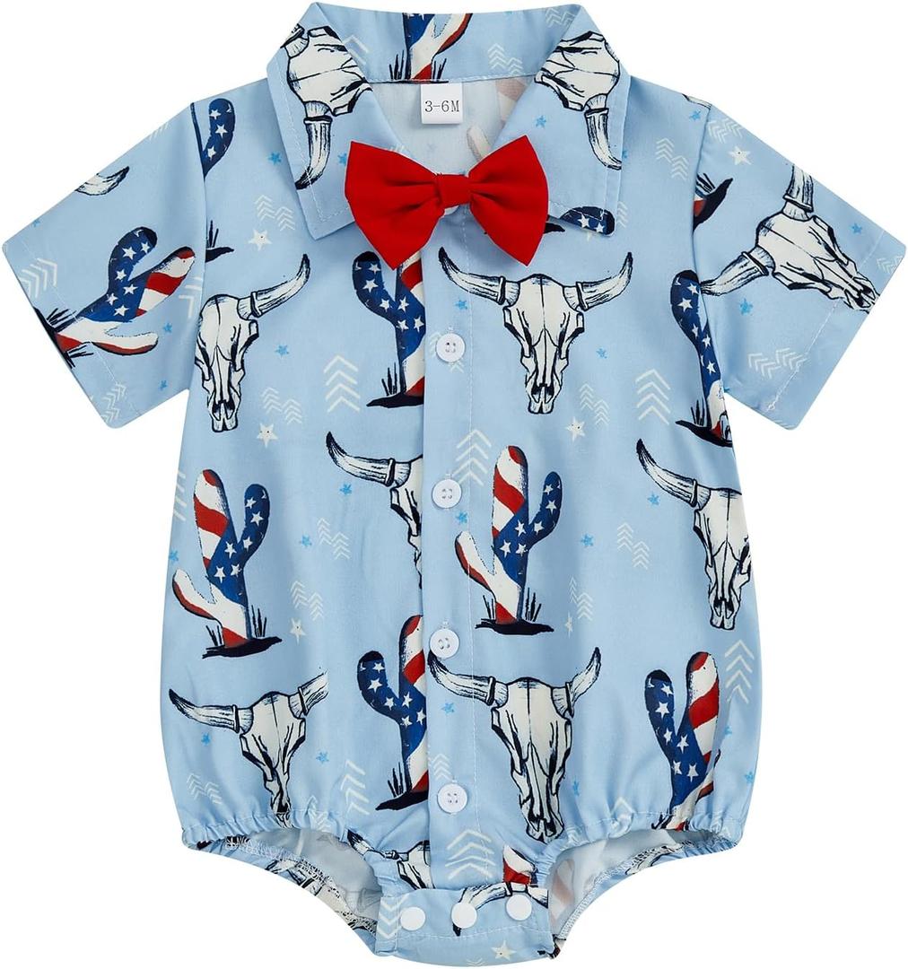 Baby Boy 4th of July Outfit American Flag/Popsicle/Cactus Dress Shirt Bodysuit Lapel Button Short Sleeve Romper (Blue)