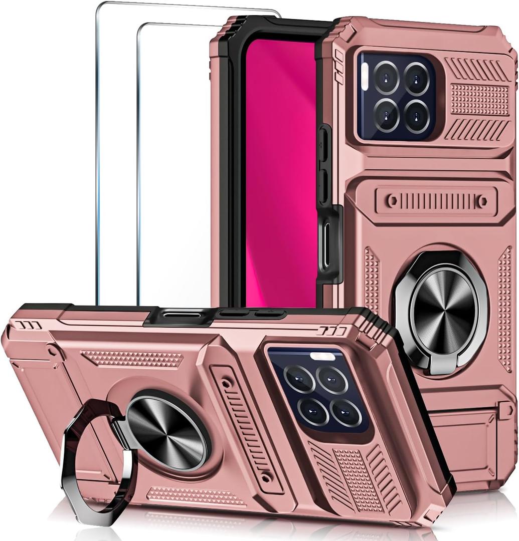 for T-Mobile REVVL 7 Pro 5G Case, with 2 Pack Tempered Glass Screen Protector, [with Card Holder], Kickstand with Magnetic Car Mount, Dual Layer Protective Phone Case for REVVL 7 Pro-Rose Gold