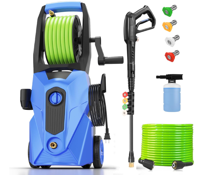 5000PSI Electric Pressure Washer, 2025 New Power Washer with 33FT Flexible Extension Pressure Washer Hose Reel, 4 Nozzles, Professional Powerwashers for Home/Car(Blue)