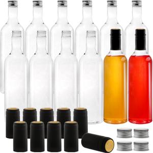 WUWEOT 12 Pack Plastic Champagne Bottles, 750ml Clear Empty Bordeaux-Style Liquor Bottles with Screw Lid and Shrink Capsules Caps