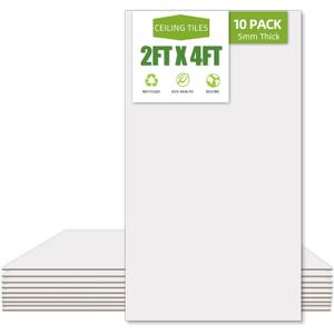 Noooza 2ft x 4ft Drop Ceiling TilesSmooth White PVC Ceiling Panel 24 x 48in. Waterproof, Washable and Fire-Rated - Reusable - High-Grade PVC to Prevent Breakage-Package of 10 Tiles