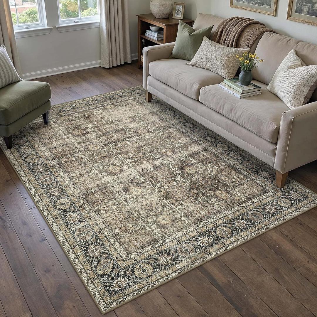Vintage Area Rug 4x6 Brown Entryway Office Washable Carpet Non Slip Bedroom Indoor Living Room Door Mat Low Pile Traditional Distressed Retro Accent Rug for Dining Room Bathroom Kitchen