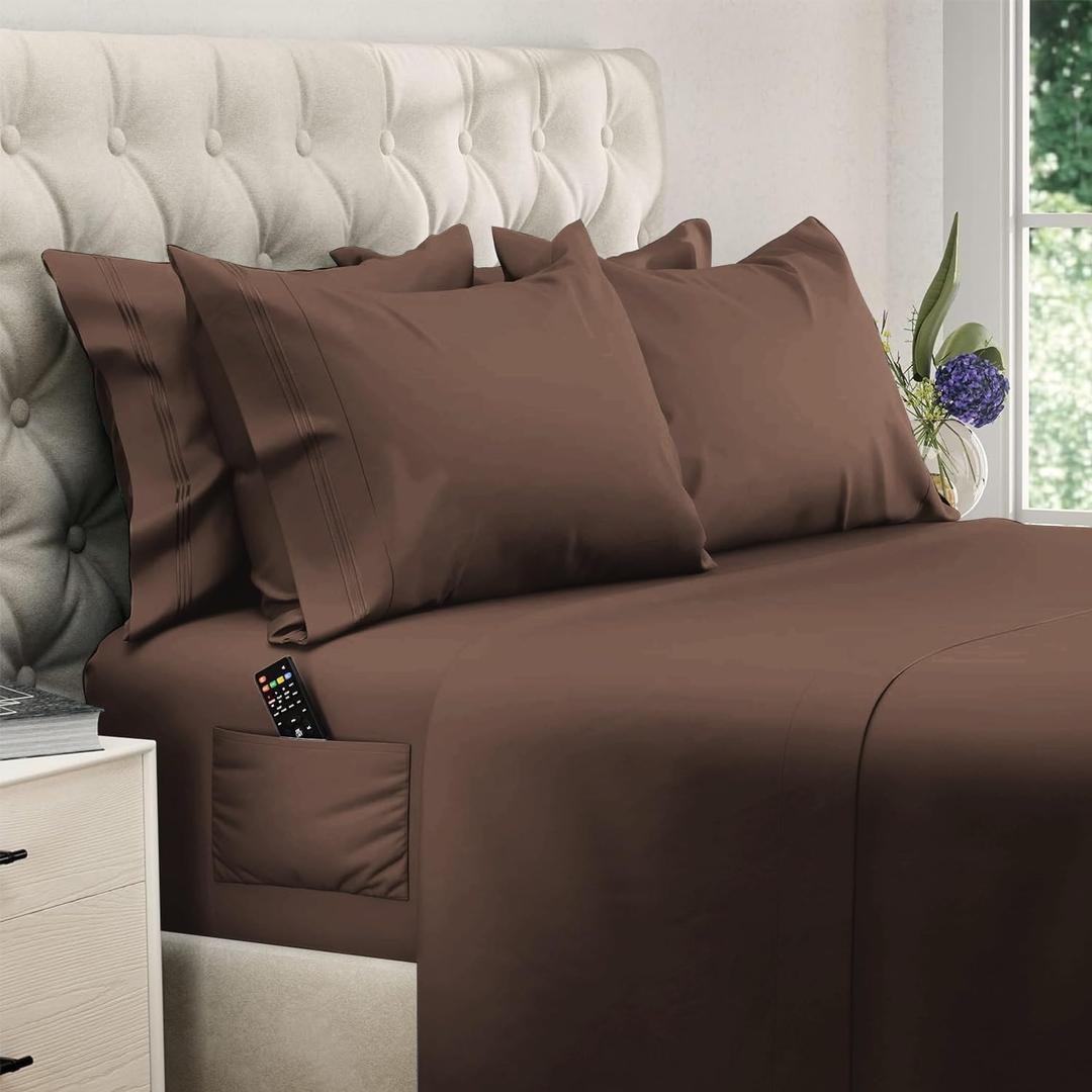 DREAMCARE King Size Sheets Set - 6 pcs Breathable Cooling Bed Sheets - up to 21" Extra Deep Pocket King Sheet Set with Side Pockets -Extra Soft 100% Brushed Hypoallergenic Hotel Luxury Bedding M-Brown