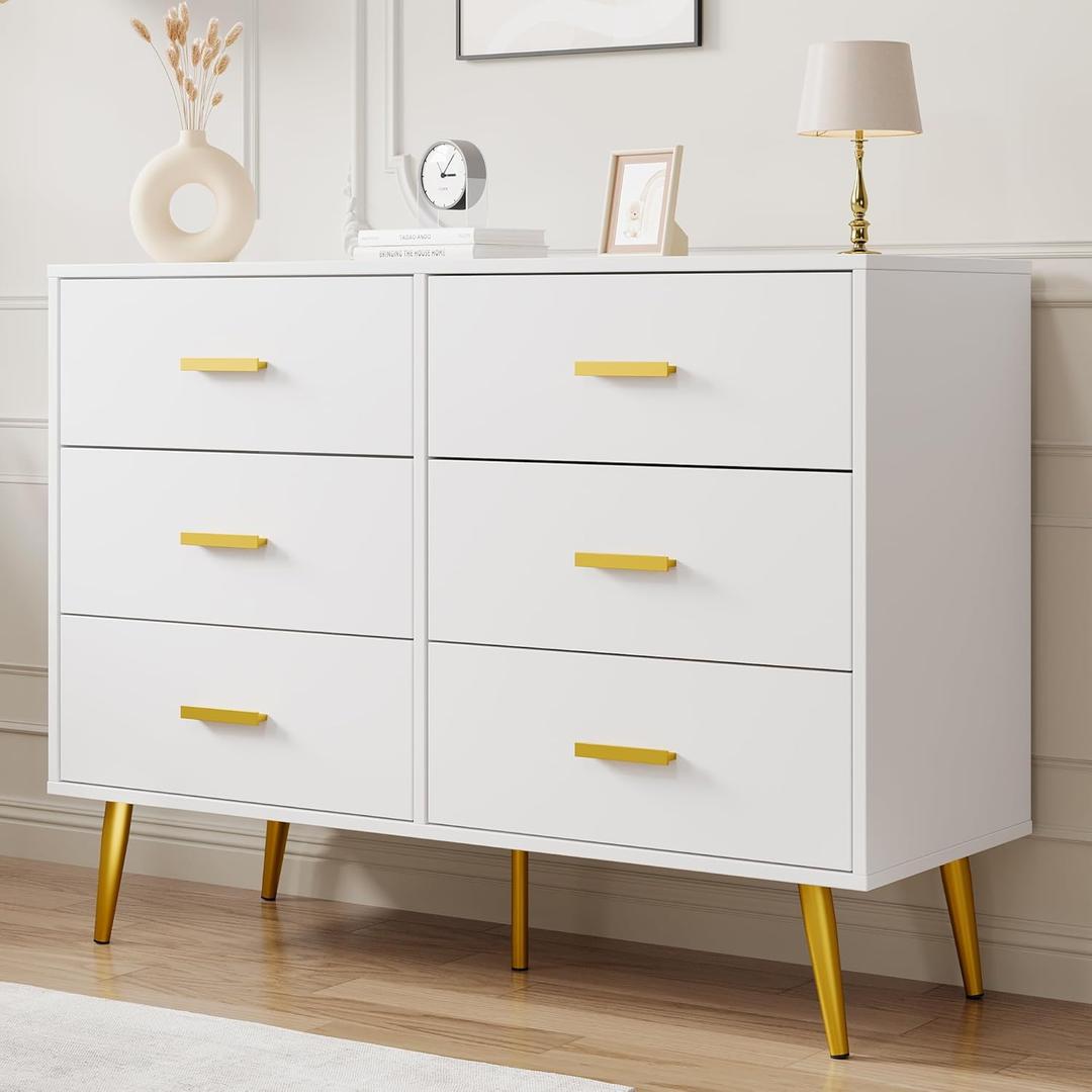 GarveeHome 6 Drawer Dresser, Modern Wooden Dresser with Gold Handles and Storage Space, Chest of Drawers for Bedroom, Hallway, Living Room and Entryway, White
