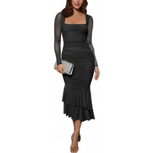 Atizon Women's Ruched Bodycon Long Sleeve Square Neck Wedding Guest Dress Formal Mermaid Evening Cocktail Party Maxi Dresses (Black, S)