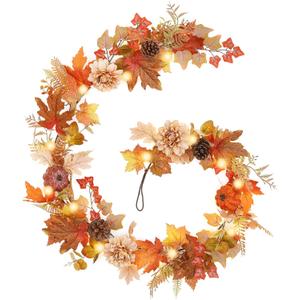 Fall Decor,6 FT Fall Garland for Mantel,Table Centerpiece, Home Porch Fireplace,Door, Lighted Autumn Decoration with Maple Leaves, Pumpkins,Flowers, Pinecones for Thanksgiving, Christmas