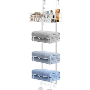 Over The Door Towel Racks, No Drill Towel Storage with Basket & Hooks, Space-Saving Multi-Functional Towel Holder for Bathrooms, bedrooms, Apartments, RVs (White, 5 Tier)
