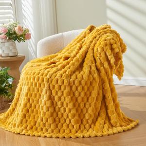 NEWCOSPLAY Super Soft Throw Blanket Mustard Yellow Premium Silky Flannel Fleece 3D Clouds Stylish Jacquard Lightweight Bed Blanket All Season Use 350GSM (Mustard Yellow, Throw (50"x60"))