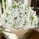 12PCS Artificial Flowers for Outdoor Decorations, Realistic Faux White Silk Petunia Flowers for Outside, Fake Plants Morning Glory with Eucalyptus Porch Patio Planters Window Boxes Decor